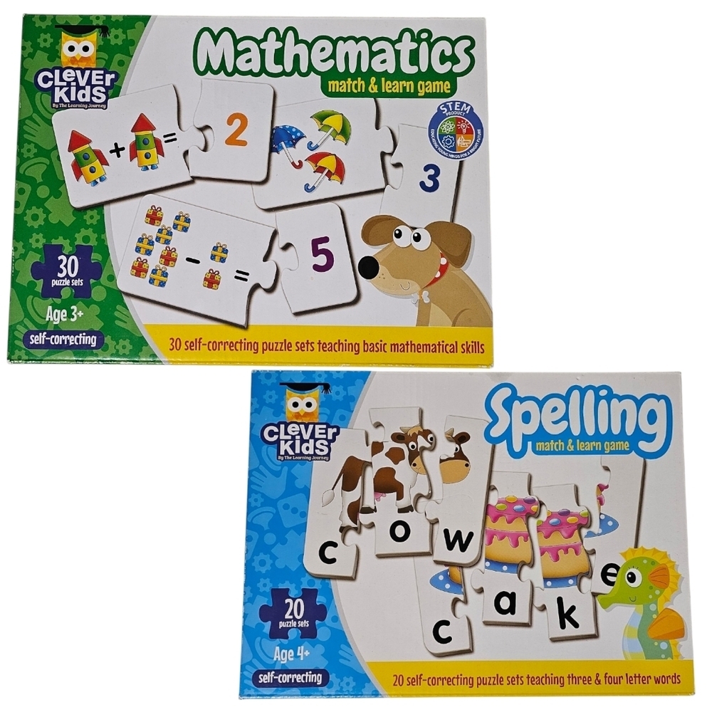 Clever Kids Math Spelling Puzzles Set of 2 Match and Learn Game